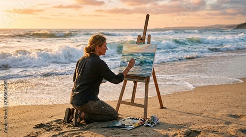 Female artist kneeling on sandy beach at golden hour, painting rolling ocean waves on canvas with easel, sunset sea, creative inspiration, en plein air oil painting session, coastal artistry