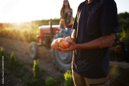 фотографія Crop View of Farmer Holding Fresh Tomatoes with Red Tractor and Woman in Backgro