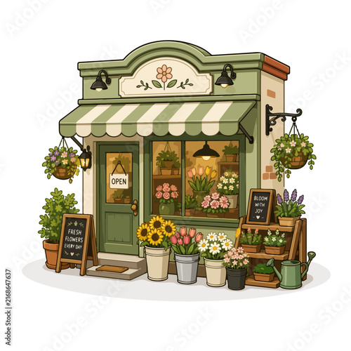 Charming Flower Shop Storefront with Colorful Fresh Flowers