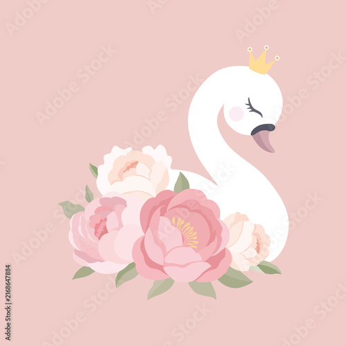 Elegant white swan with a golden crown, surrounded by pink peony flowers and green leaves on a blush pink background. Romantic feminine floral illustration for wedding, nursery, branding, and decor