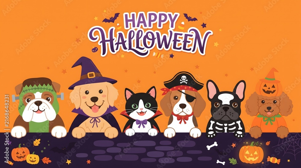 Fototapeta premium Happy halloween background featuring cute dogs and cats wearing costumes on orange