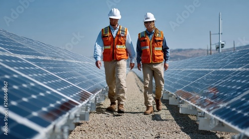 Solar Energy Workers Inspecting Array: Two technicians in hard hats and safety vests walk between rows of solar panels under a clear blue sky, examining the renewable energy infrastructure.