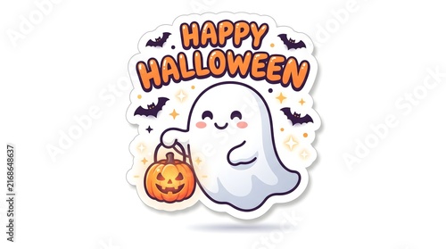 Happy halloween greeting sticker showing a cute ghost holding a lit jack o lantern with halloween