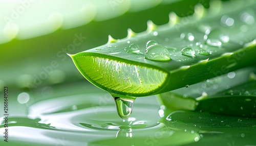 Fresh aloe vera leaf with crystal water drop, macro close-up of natural green succulent gel, organic skincare and wellness concept, bokeh background
