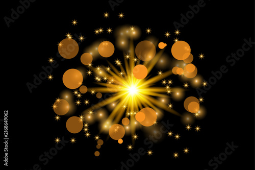 Bright golden explosion with glowing particles and sparkling light trails on a dark black background