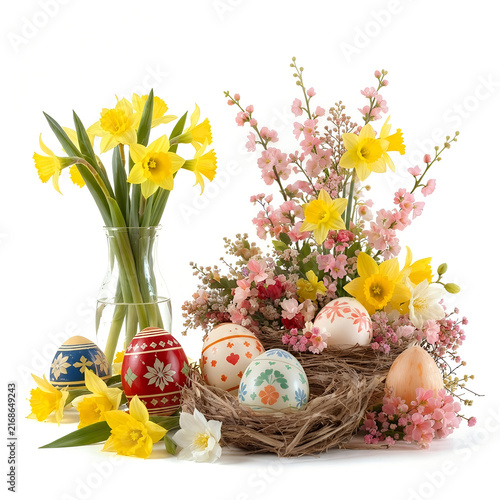 Easter eggs in a nest surrounded by flowers with a joyful spring atmosphere
