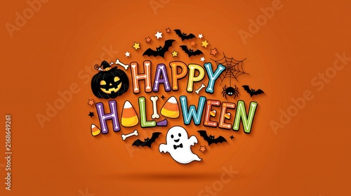 Happy halloween colorful text surrounded by spooky elements like a jack o lantern and ghost