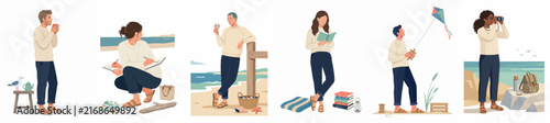 Flat illustration set of diverse people enjoying leisure activities at the beach, including reading, sketching, flying a kite, and birdwatching.