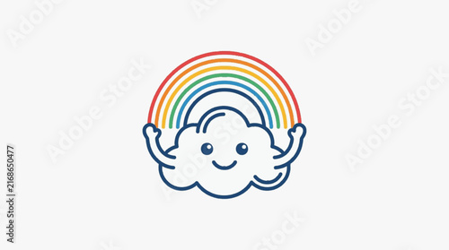 Quadro su tela Vector illustration of a cute anthropomorphic cloud mascot with a smiling face and arms holding a colorful rainbow arc against a plain white background, minimalist flat design