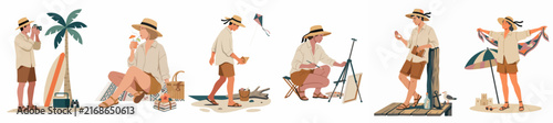 Flat Illustration Set of People Enjoying Various Summer Beach Activities including Photography Painting and Relaxing on the Sand