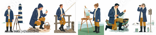 Set of flat illustrations of people engaged in coastal outdoor activities like fishing, birdwatching, painting, and beachcombing, wearing nautical parkas and boots.