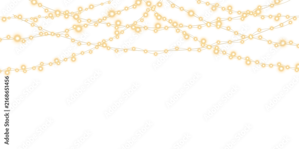 Naklejka premium Vector Christmas light bulbs, glowing garlands string. New Year's party lights, holiday decorations. Winter holiday season element. Vector illustration isolated on transparent png background.
