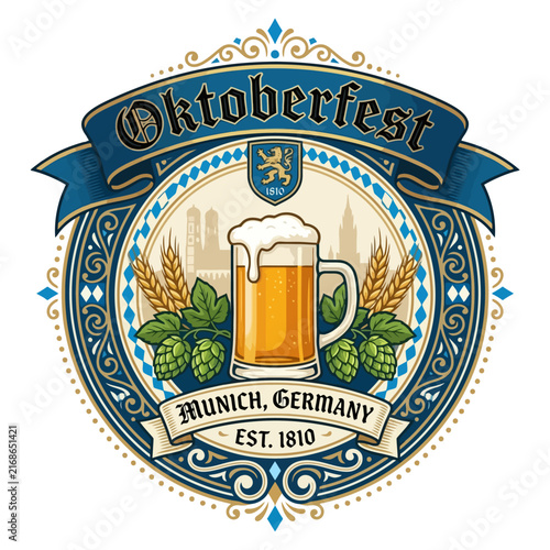 Oktoberfest Decorative Emblem with Beer Mug, Hops, Wheat, and Munich Skyline