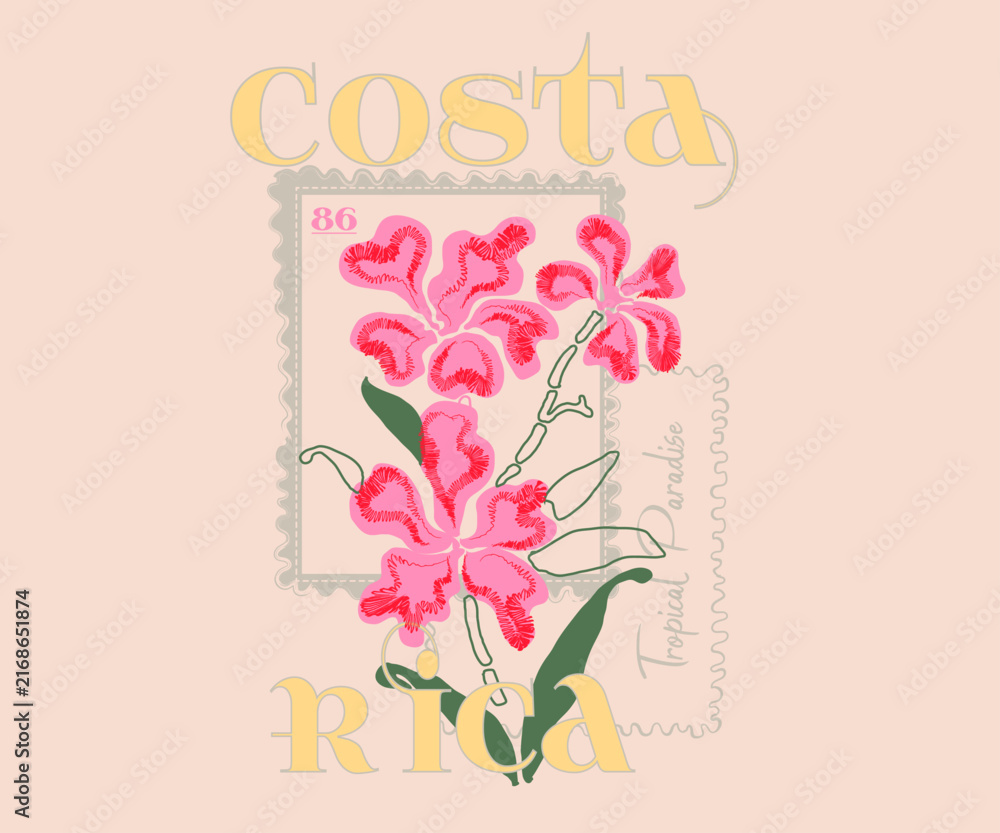 Naklejka premium flowers retro artwork Brush texture graphic design. costa Rica typography slogan. tropical summer prints. hand made t-shirt print design. 