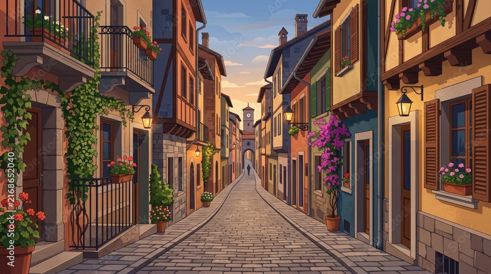 Fototapeta premium Illustration of a narrow street with colorful tall buildings, hanging string lights, walking people, and bicycles.