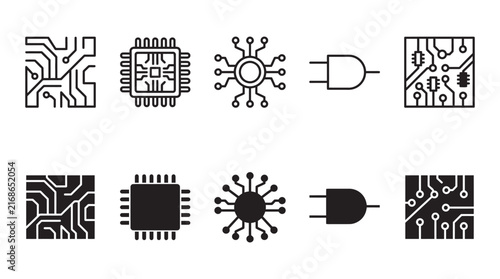 Circuit technology icons with integrated circuits and logic gates silhouette