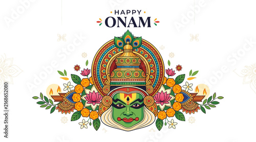 Happy Onam Celebration with Kathakali Face and Flowers