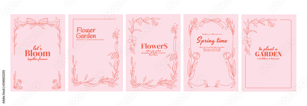 Naklejka premium Elegant doodle frame set with pink flowers and ribbon bows on white background. Vector illustration of floral borders decorated with leaves and spring blossom, botanical garden party invitation design