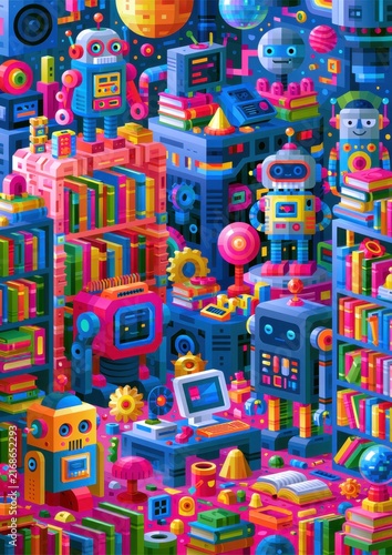 Exploring a vibrant world of robots and books in a colorful library setting