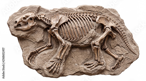 Megatherium americanum fossil embedded in rock, scientifically accurate partial skeleton and fossilized bones preserved within a natural sedimentary rock matrix, clearly visible skeletal elements and 