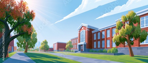 Vibrant scenes of learning at a colorful school campus in bright daylight