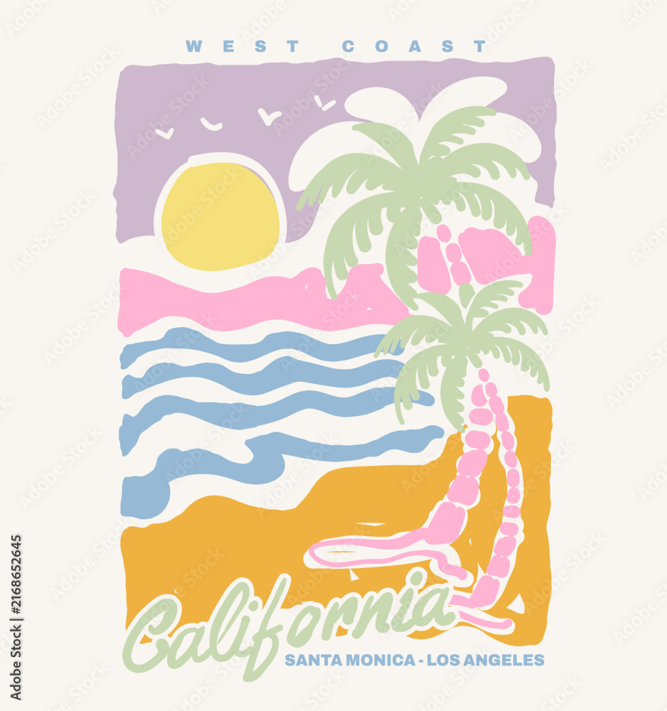 Naklejka premium Abstract Summer Beach Drawing Sketch. Brush line Graphics Artwork. tropical palm tree vintage retro artwork. Summer T-shirt design. California Santa Monica loss angels. 
