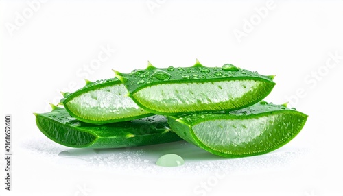 Fresh cut aloe vera leaves with water droplets isolated on white background, natural organic skincare ingredient, green succulent gel, high resolution.
