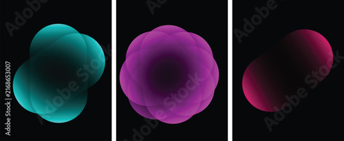 Abstract glowing orbs in teal magenta and red colors against a dark black background modern digital art