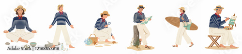 Flat illustration set of people in nautical outfits enjoying various beach activities, including meditation, painting, surfing, and exploring on a white background.