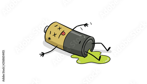 Dead battery character with leaking green fluid cartoon vector illustration