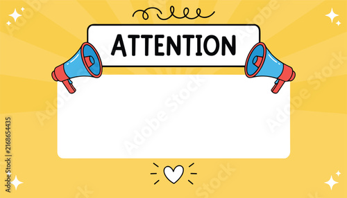Attention sign with blue megaphones and heart icon on yellow background