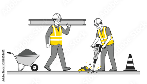 Construction workers using jackhammer and carrying steel beam on site