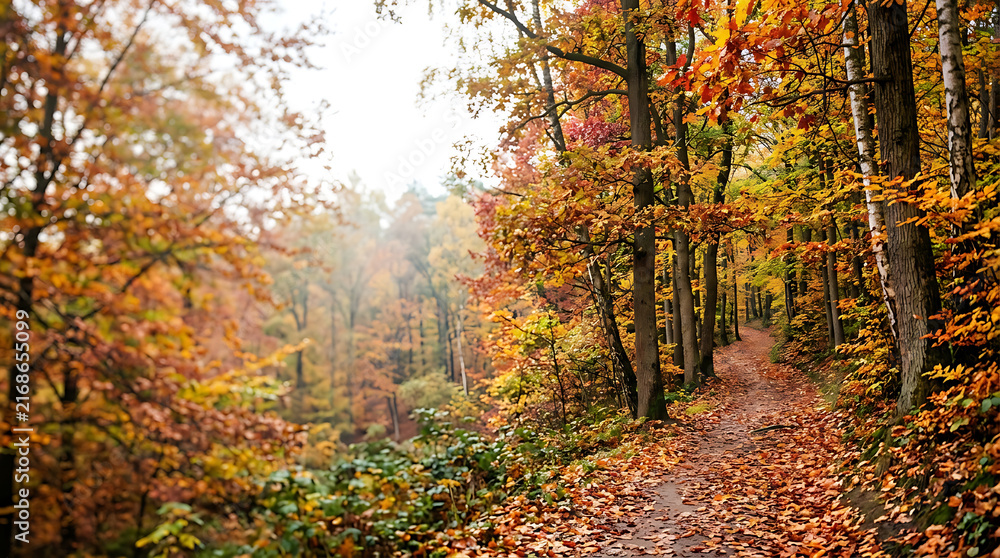 Fototapeta premium Beautiful Autumn Forest Path Surrounded by Colorful Yellow, Orange and Red Foliage in a Peaceful Park Landscape During October Season