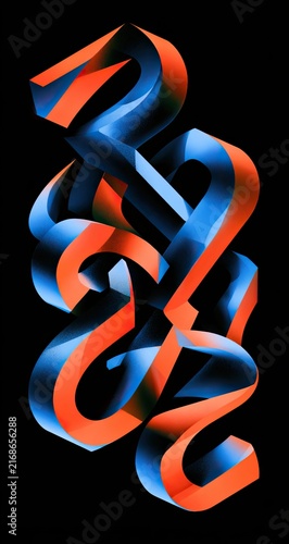 Abstract interwoven ribbons of vibrant blue and orange against a dark background
