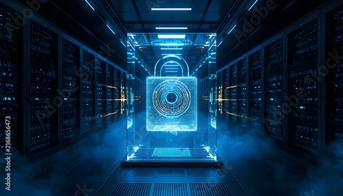 Futuristic digital padlock icon glowing inside a high-tech server room data center.