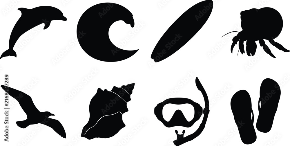 Obraz premium Silhouette vector icon collection of summer beach vacation and marine life featuring dolphin, surfboard, seagull, and snorkel mask.