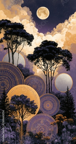 Surreal moonlit forest with abstract circular elements and dramatic skies