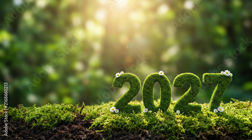 Year 2027 grass numbers with white flowers in sunny nature background