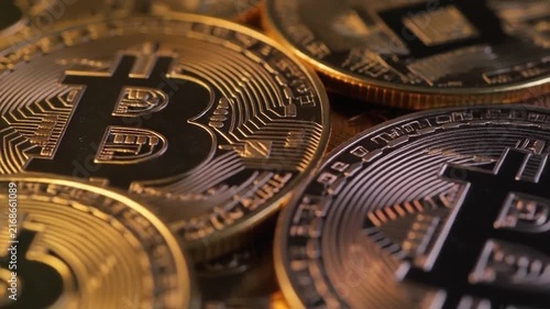 Close up of Bitcoin cryptocurrency coins symbolizing digital finance.
