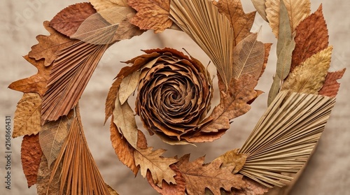Autumn Leaf Spiral: A meticulously crafted spiral artwork formed from dried autumn leaves, showcasing a beautiful and intricate pattern in warm, earthy tones.