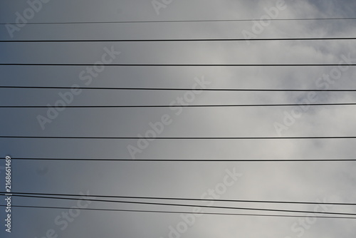 Obraz na płótnie 曇り空を横切る何本もの平行な電線