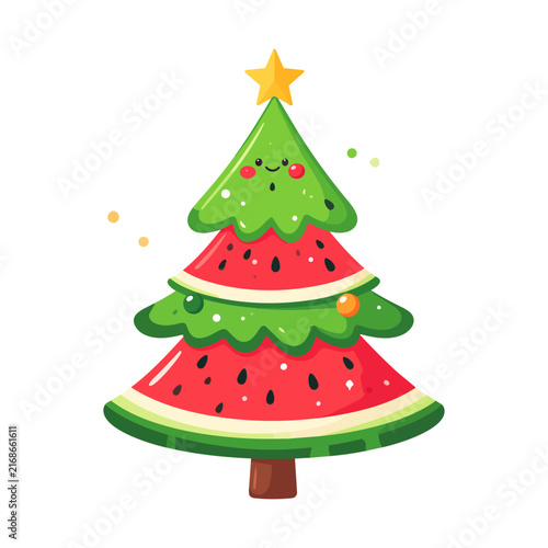 Christmas Tree Made of Watermelon Slices, Festive Fruit Vector Illustration