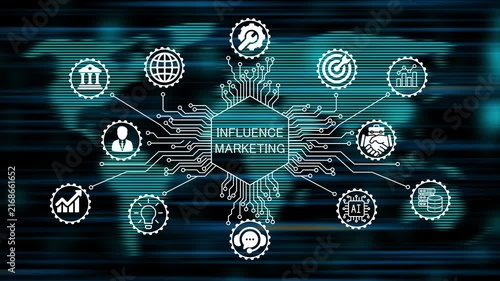 influence marketing  concept animation video 4k. technology world map background   