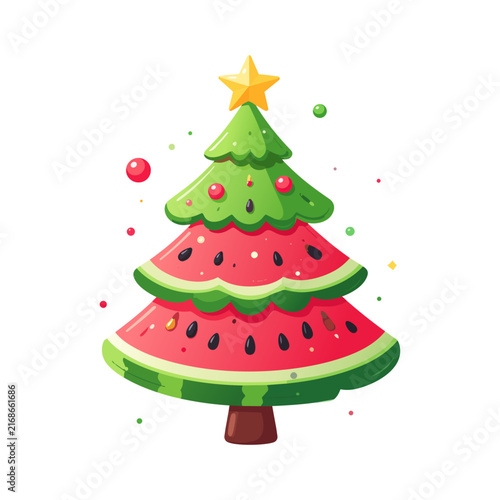 1a301Watermelon Christmas Tree with Star and Ornaments, Festive Fruit Illustration