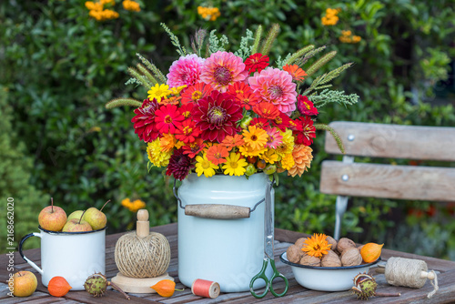 Garten-Arrangement mit Blumenstrauß mit roten und orange Dahlien und Zinnien, Walnüssen und Äpfeln in alten Emaille-Gefäßen	