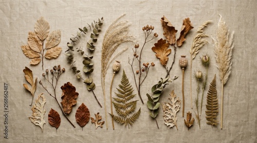 Autumn Harvest Display: A curated collection of dried leaves, seed pods, and delicate grasses arranged artfully on a textured fabric backdrop, evoking the rustic beauty of the fall season.