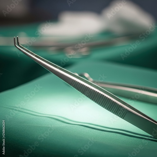 Finely Pointed Surgical Tweezers Resting on a Sterile Green Surface in a Medical Setting