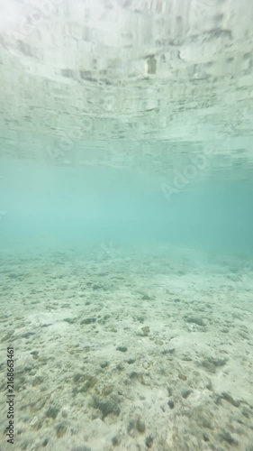 Vertical underwater scene with rocky reflection above and sandy seabed below, clear turquoise water, 4K