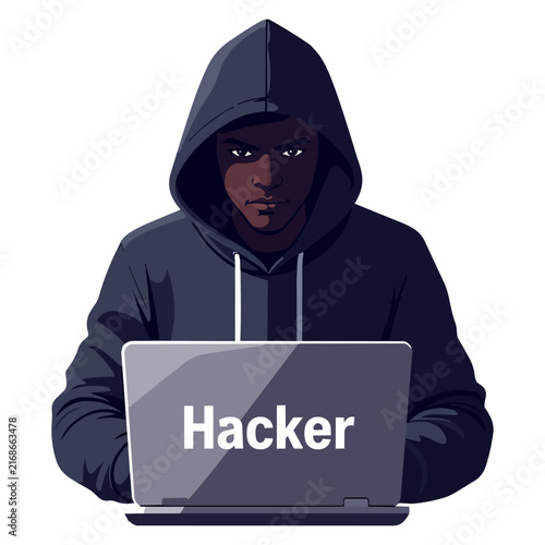 Male Cybercriminal Working on Laptop, Dark Hacker Vector Illustration