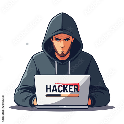 Hacker Man Working on Laptop, Cyber Security Vector Illustration